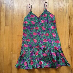 Vintage Victoria's Secret Slip Dress M Green Floral Satin Mini 90s Chemise